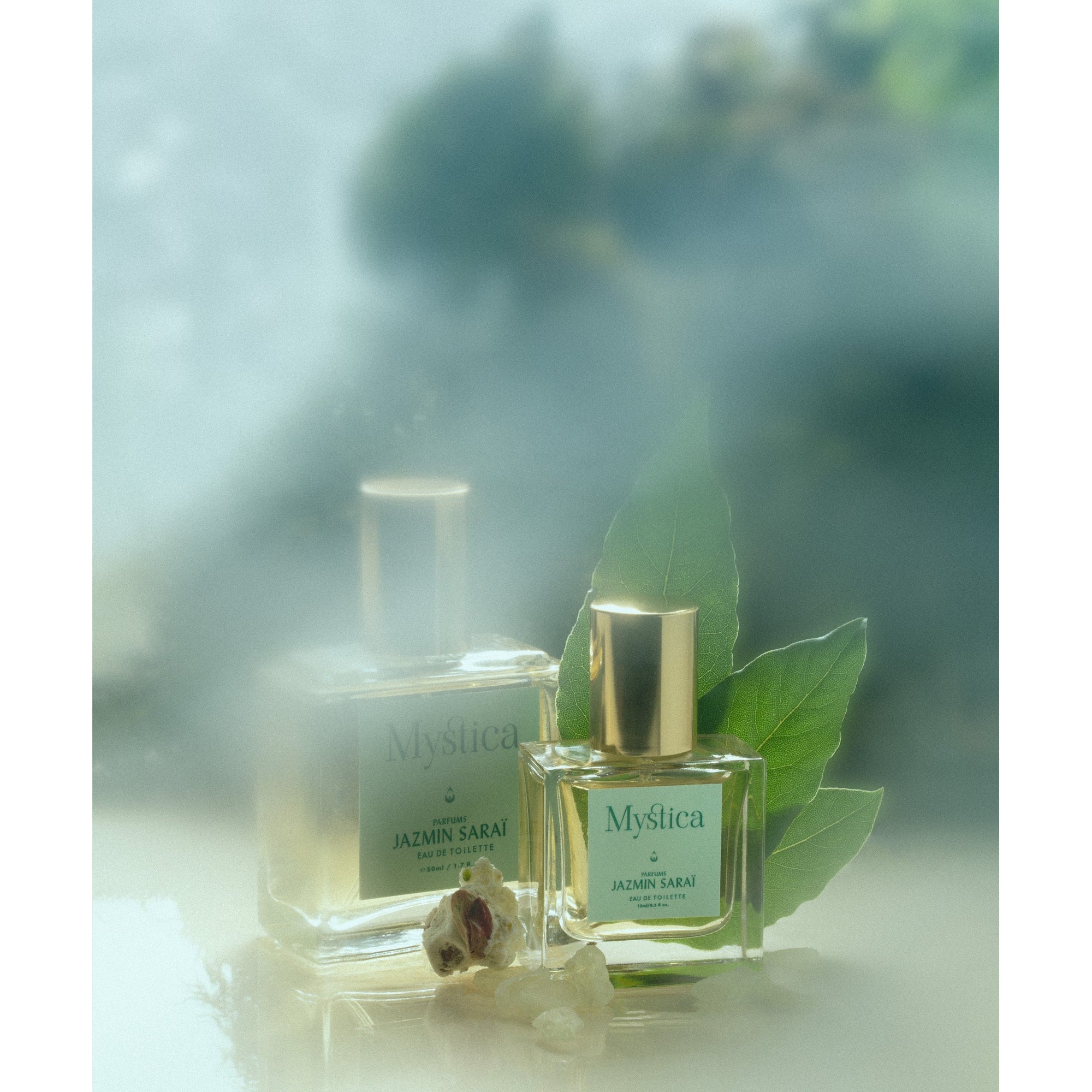 Mystica in two sizes. Dreamy, milky, herbaceous creative shot.