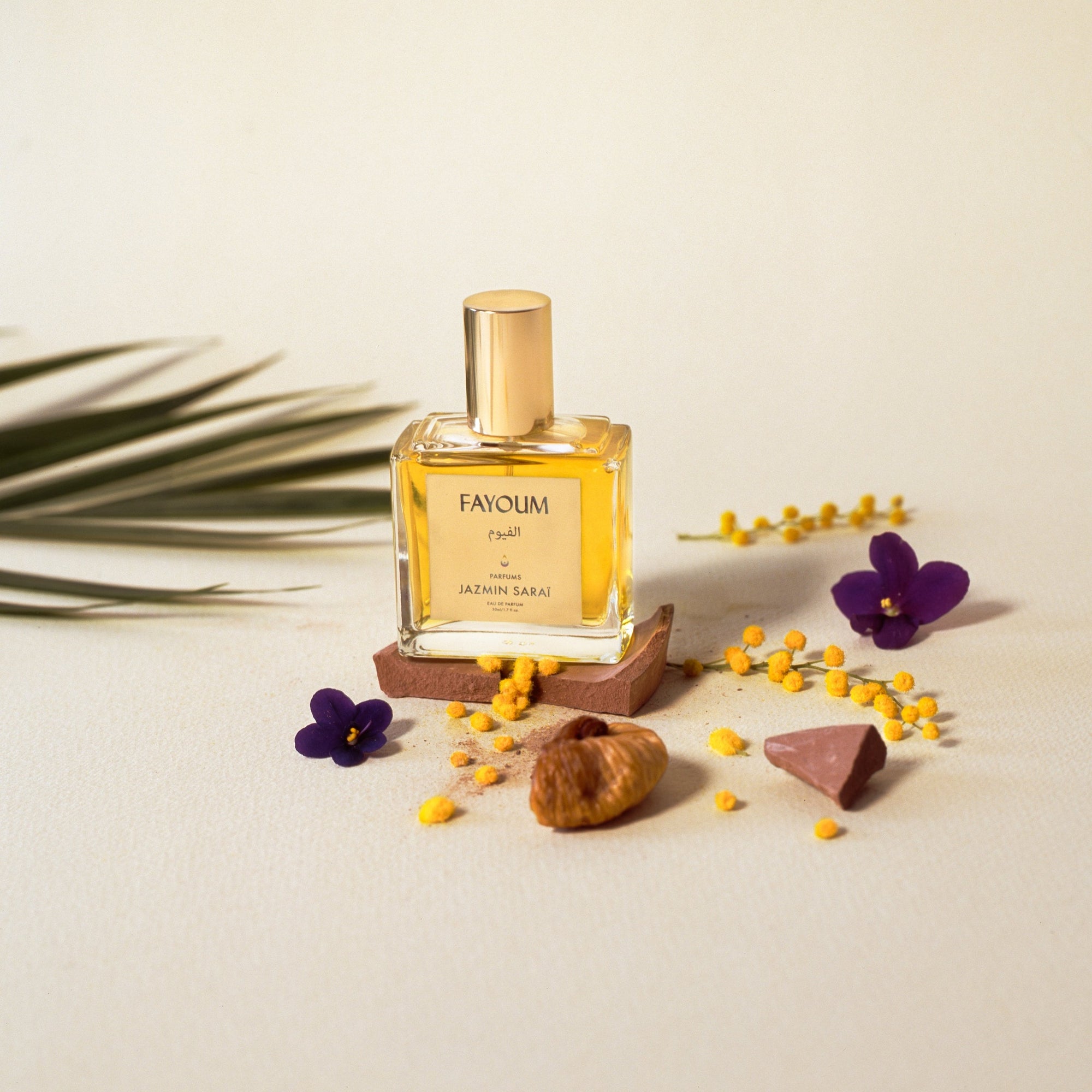 Fayoum 50ml bottle, raw materials, clay, palm, violet, mimosa, fig.